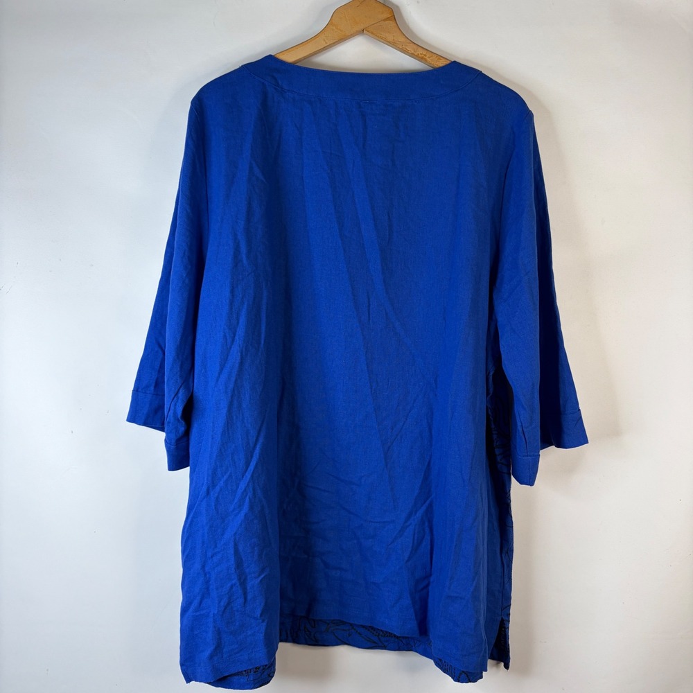 Jessica London Tunic Top Women 26W Royal Blue Embroidered Leaf Linen Blend - Picture 6 of 8